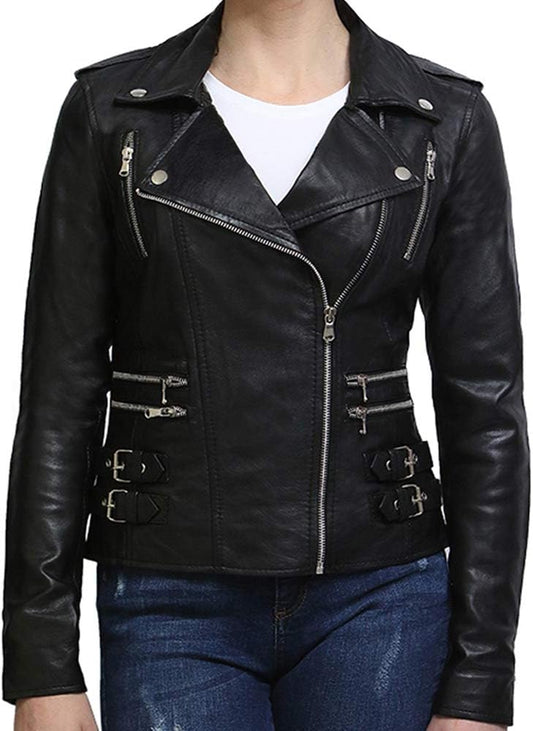 Womens Genuine Leather Bikers Jacket Slim Fit