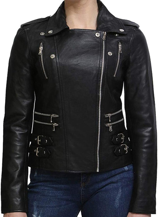 Womens Genuine Leather Bikers Jacket Slim Fit