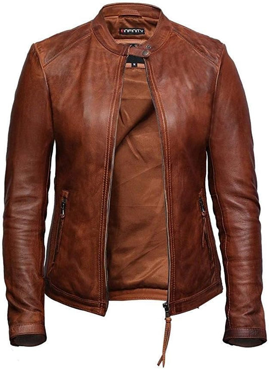 Womens Genuine Leather Biker Jacket Lambskin Vintage