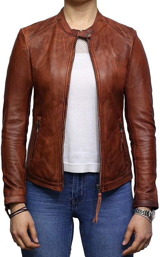 Womens Genuine Leather Biker Jacket Lambskin Vintage