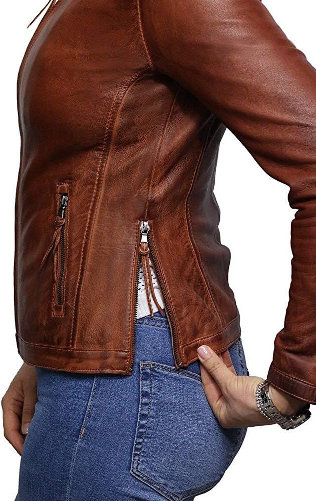 Womens Genuine Leather Biker Jacket Lambskin Vintage