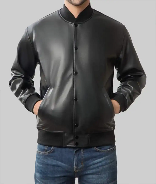 Men’s Black Leather Varsity Jacket