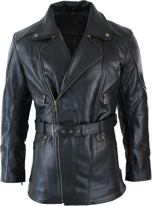 Mens Genuine Leather Coat 3/4 Quarter Motorcycle Black Biker Long Jacket Leather Car Coat Winter Outerwear