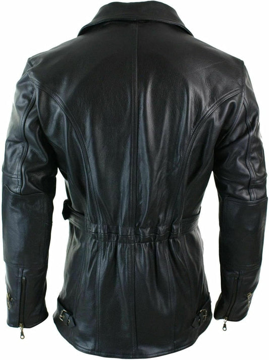 Mens Genuine Leather Coat 3/4 Quarter Motorcycle Black Biker Long Jacket Leather Car Coat Winter Outerwear