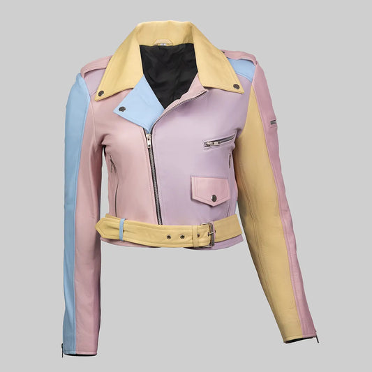 Women’s Rainbow Pastel Cropped Biker Leather Jacket