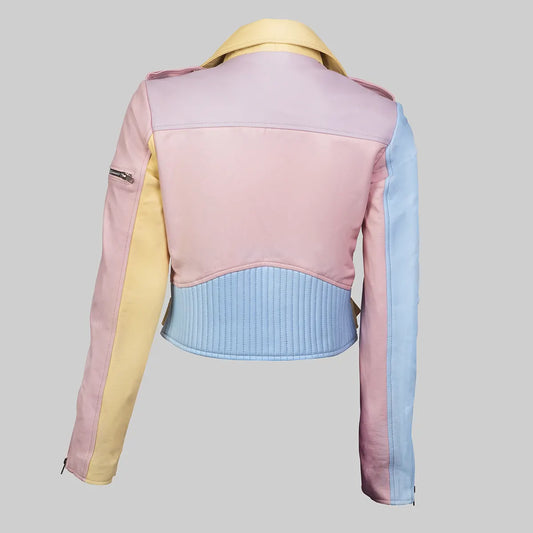 Women’s Rainbow Pastel Cropped Biker Leather Jacket